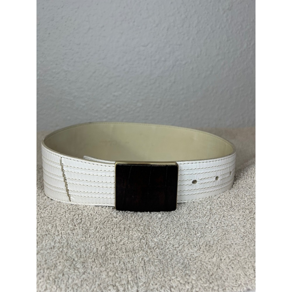Cole Haan Womens White Leather Wide Waist Belt Wood Buckle B25087 XS
